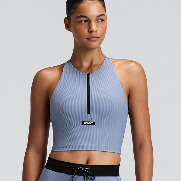 Bandit Women's Striped Cadence™ Zip Front T-Back Race Crop - Steel Horizon/Pavilion Blue