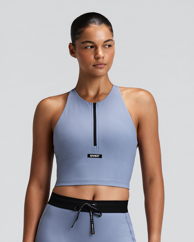 Bandit Women's Striped Cadence™ Zip Front T-Back Race Crop - Steel Horizon/Pavilion Blue