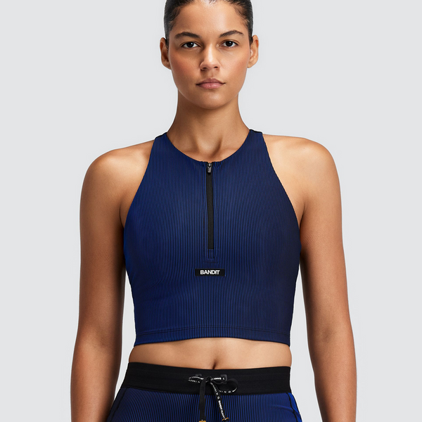 Bandit Women's Striped Cadence™ Zip Front T-Back Race Crop - Black/Bauhaus Blue
