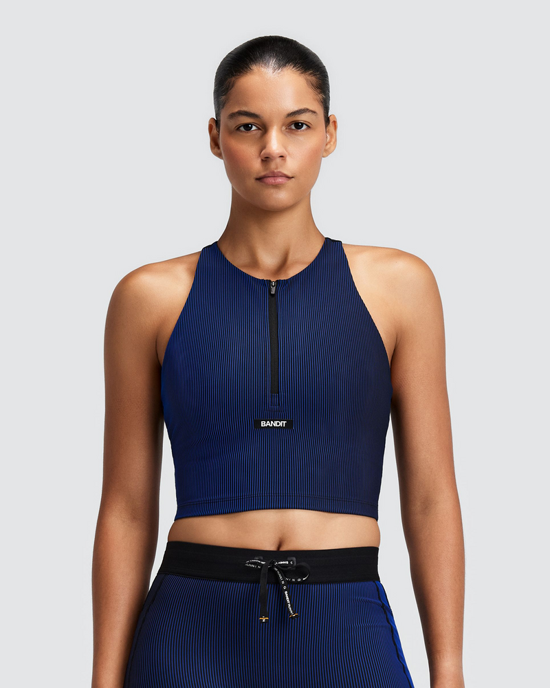Bandit Women's Striped Cadence™ Zip Front T-Back Race Crop - Black/Bauhaus Blue